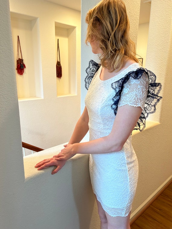 short fitted white lace dress Elegant White Lace Long-Sleeve Mini Dress Short Lace V-neck Wedding Dress White / 0
