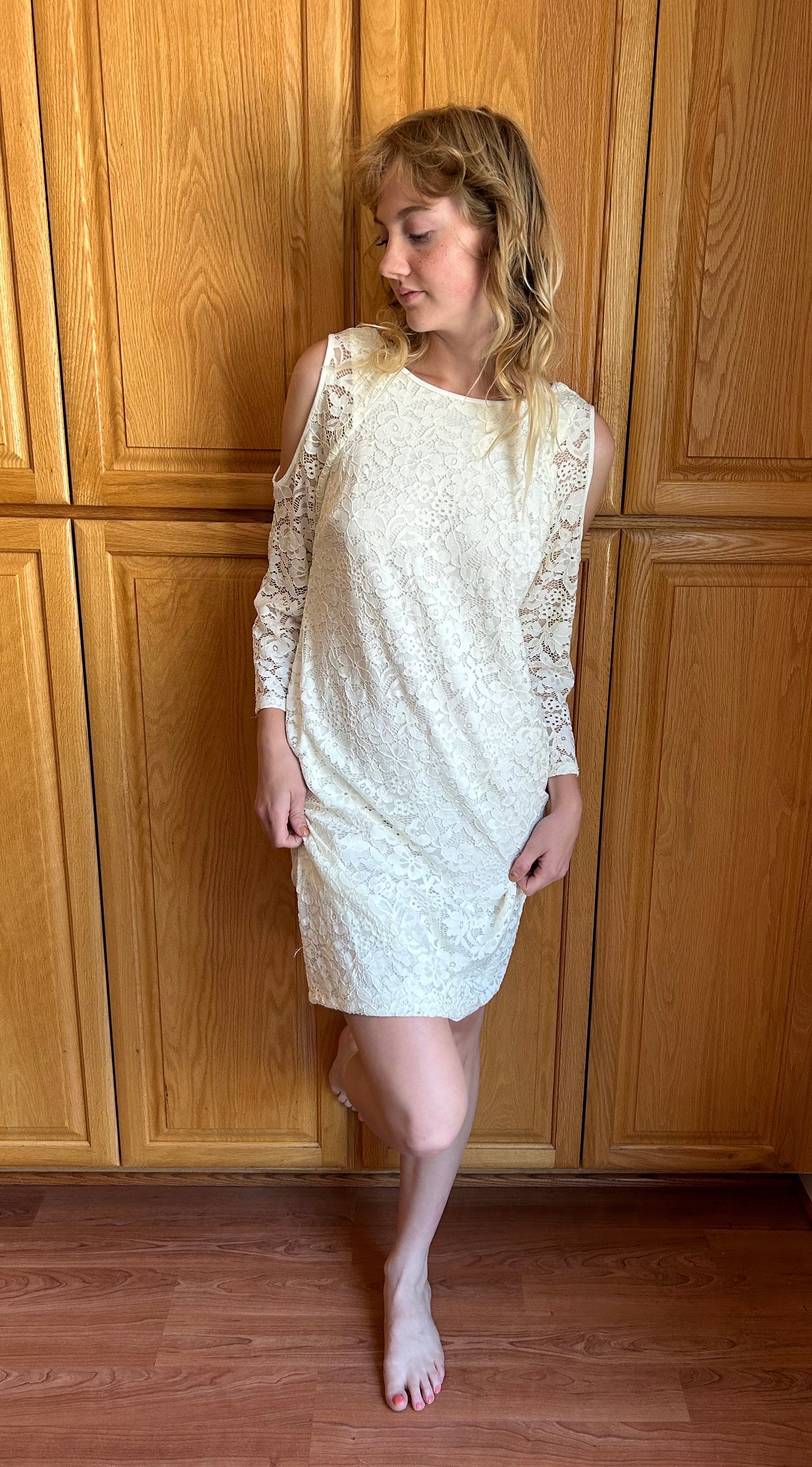 Ivory Lace Cold Shoulder Dress - Romantic Sheer Fabric, Size L