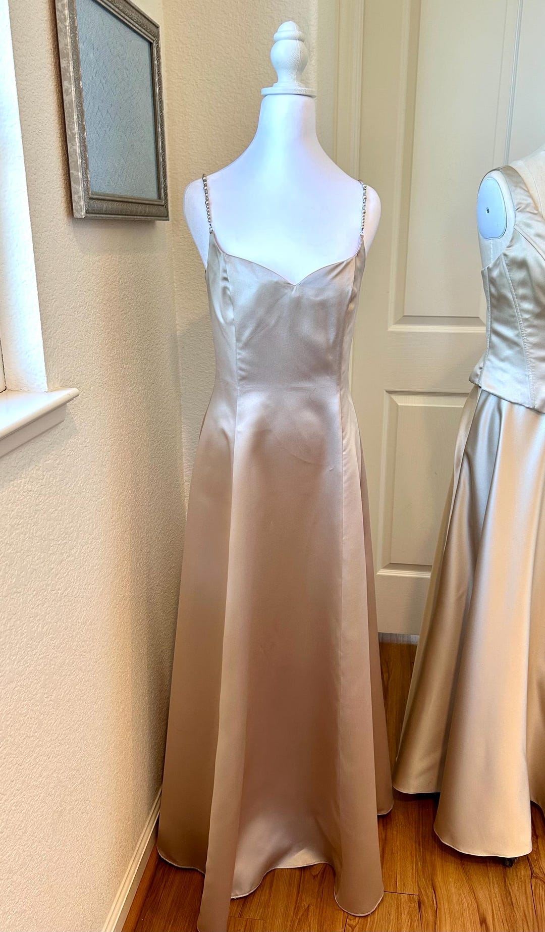 Vintage Champagne Satin Gown: Beaded Straps, Size Mcclintock Dress
