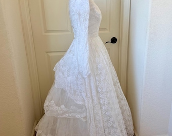 1950s Rare White Lace Wedding Dress: Tiered Ruffles, Illusion Sleeves, Size 2