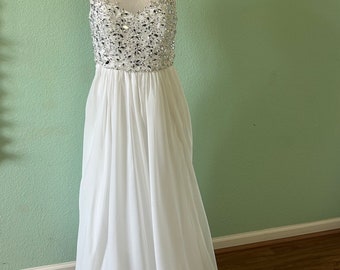 Dress - Sustainable Ivory Beaded Faux Pearls Rhinestones Sheer Chiffon Long Romantic Wedding Dress Size 10