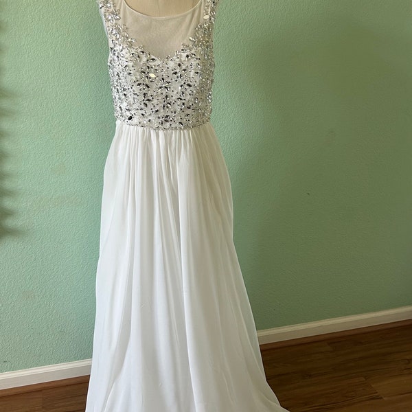 Dress - Sustainable Ivory Beaded Faux Pearls Rhinestones Sheer Chiffon Long Romantic Wedding Dress Size 10