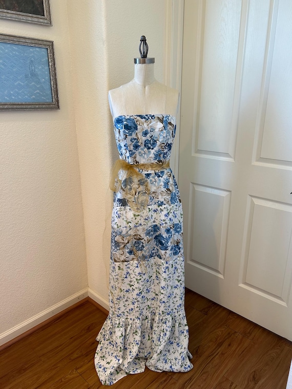 Oneoff Blue Floral Strapless Maxi Dress: Linen and Cotton, Size 8