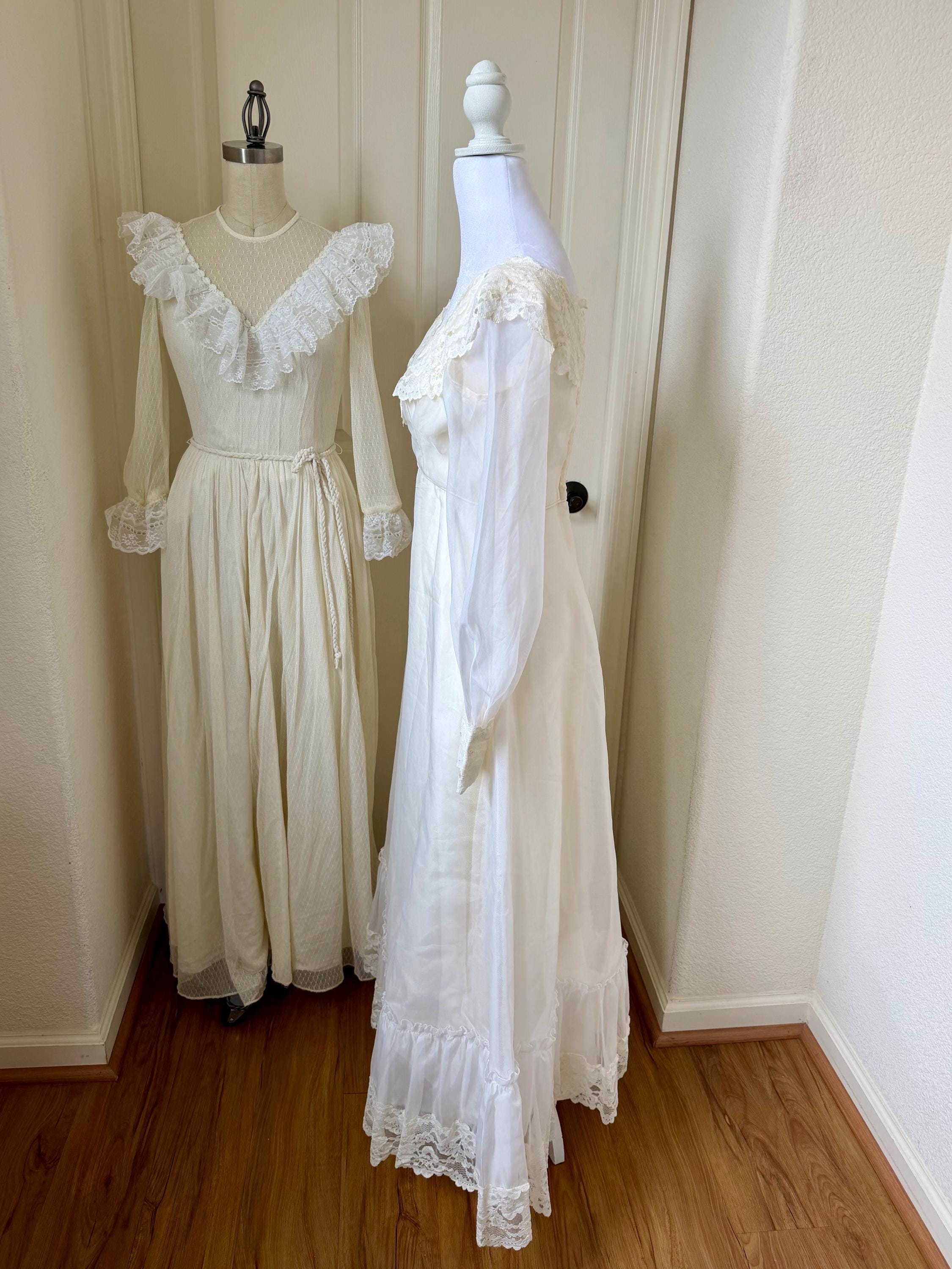 1960s Ivory Empire Waist Wedding Dress: Illusion Sleeves, Lace