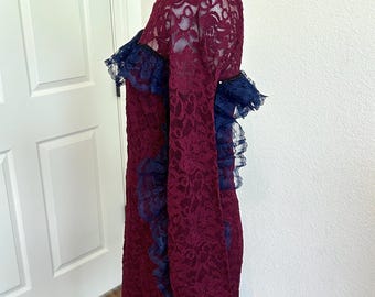 Vestido - Vestido elástico corto romántico de encaje rojo burdeos y azul marino sostenible Talla XL Extra grande