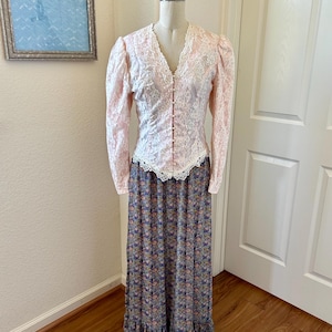 Dress & Jacket - Vintage Victorian Style McClintock Light Pink Lace Jacket with Pearl Buttons, Mutton Sleeves. Pristine. Chiffon Floral Maxi