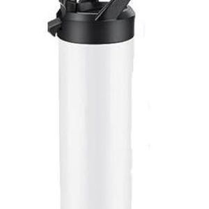 May include: A white, cylindrical water bottle with a black lid and handle. The lid features a flip-top spout and a straw. The bottle is made of a smooth material and appears to be insulated. A silver straw is visible.