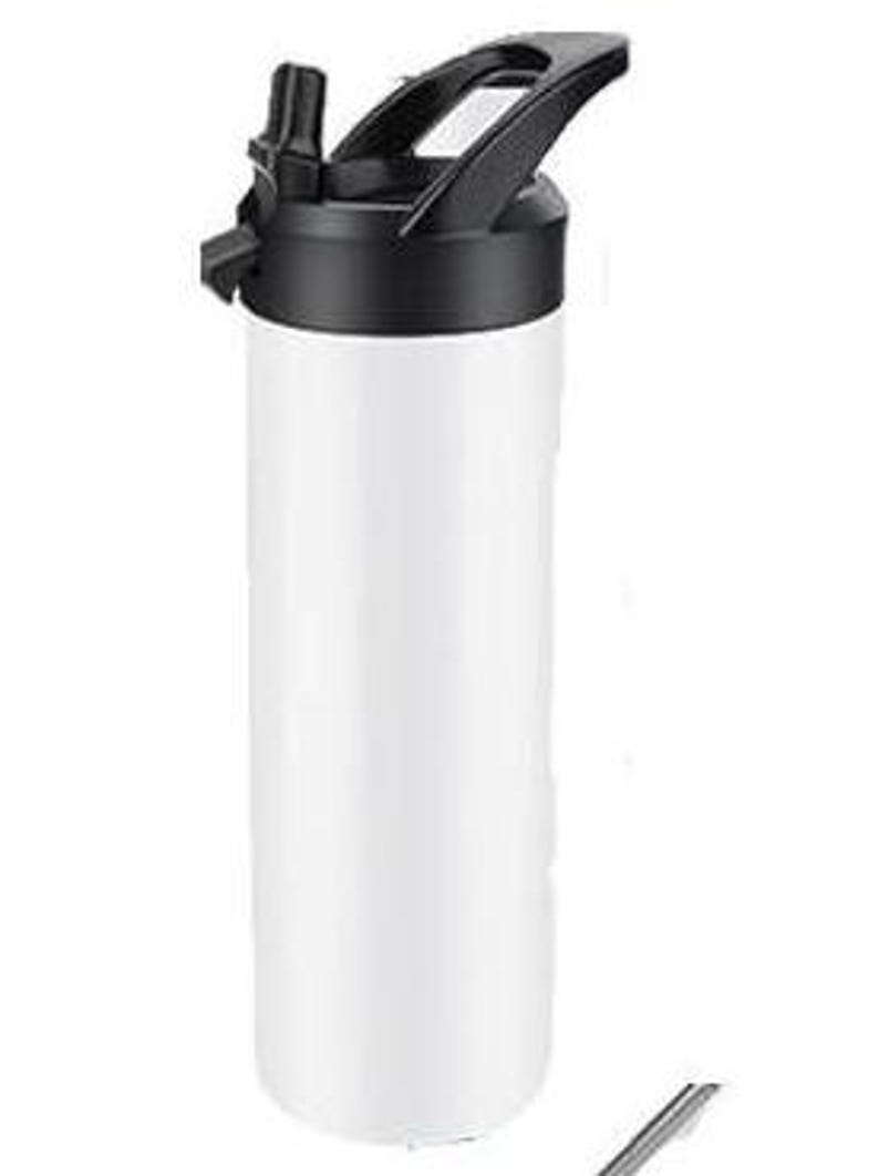 May include: A white, cylindrical water bottle with a black lid and handle. The lid features a flip-top spout and a straw. The bottle is made of a smooth material and appears to be insulated. A silver straw is visible.
