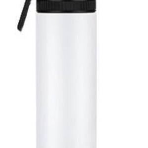 May include: A white insulated water bottle with a black lid and handle. The bottle is cylindrical and appears to be made of metal. The black lid has a built-in handle for easy carrying.