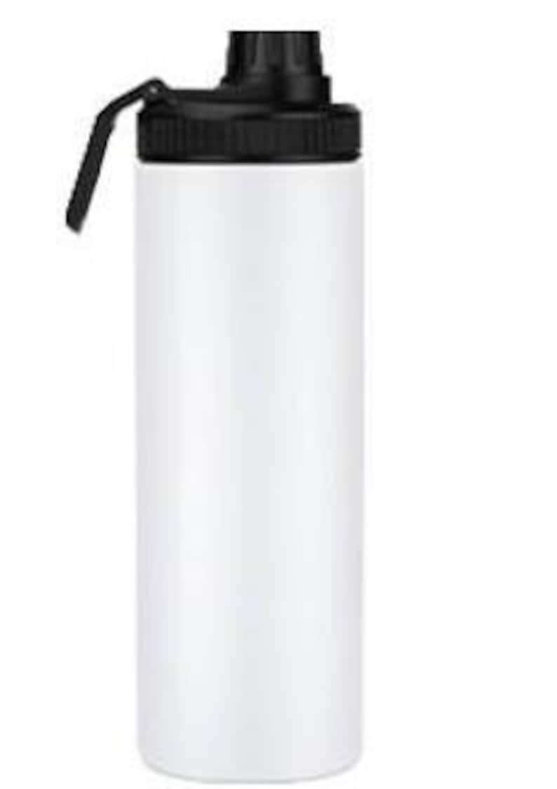 May include: A white insulated water bottle with a black lid and handle. The bottle is cylindrical and appears to be made of metal. The black lid has a built-in handle for easy carrying.
