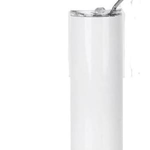 May include: A white, cylindrical tumbler with a lid and a metal straw. The tumbler is made of a glossy material and has a clean, minimalist design. The lid is partially open, and the straw is inserted into the opening. The tumbler is designed for cold beverages.
