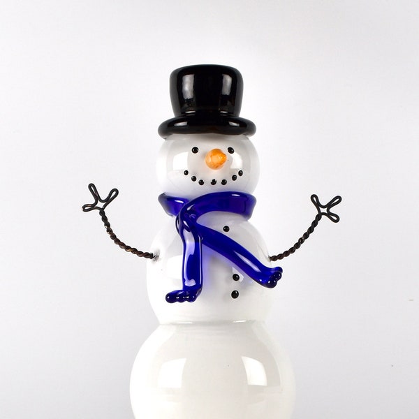 Snow Person met blauwe sjaal, handgeblazen glas, grillig, besneeuwd winterwonderland, sneeuwpop, 1 van een soort, uniek, geweldig vakantiecadeau-idee