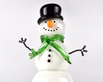 Snow Person with green scarf, hand blown glass, whimsical, snowy winter wonderland, snowman, 1 of a kind, unique, great holiday gift idea