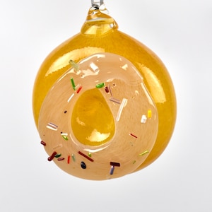Donut Ornament in birthday cake with rainbow sprinkles, hand blown glass, sculpture, holiday, unique, treat, sweets, great holiday gift