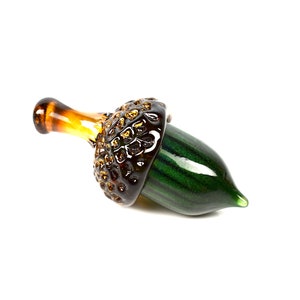Acorn in forest green- solid hand sculpted glass acorn, striped, fall colors, green, brown, oak trees, sculpture, unique, great gift idea