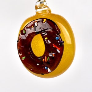 Donut Ornament in chocolate with rainbow sprinkles, hand blown glass, sculpture, holiday, unique, treat, sweets, great holiday gift