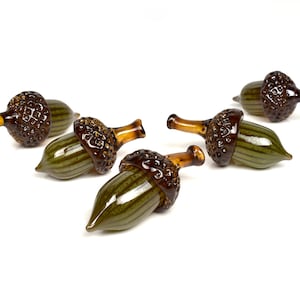 Acorn in desert green- solid hand sculpted glass acorn, striped, fall colors, green, brown, oak trees, sculpture, unique, great gift idea