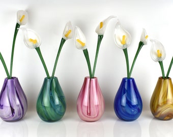 Glass Calla Lily Bouquet: Hand Blown Swirl Vase, Forever Flower