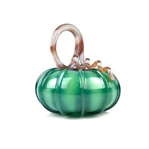 Green Striped Glass Pumpkin, gold stem, hand blown glass, gourd, fall decor, harvest season, Halloween, Thanksgiving, great unique gift