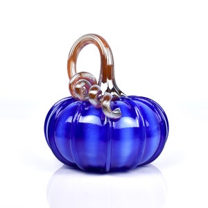 Blue Striped Glass Pumpkin, gold stem, hand blown glass, gourd, fall decor, harvest season, Halloween, Thanksgiving, great unique gift
