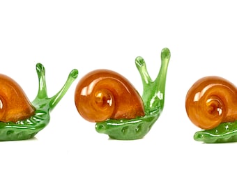 Glass Snail- Medium green with golden shell, hand sculpted glass, garden, art, nature, organic, unique characters, makes a great gift