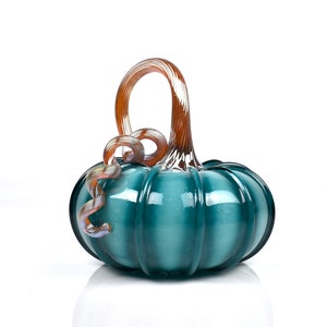 Teal Striped Glass Pumpkin, hand blown glass, turquoise, gourd, fall decor, harvest season, Halloween, Thanksgiving, great unique gift