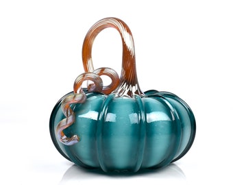 Teal Striped Glass Pumpkin, hand blown glass, turquoise, gourd, fall decor, harvest season, Halloween, Thanksgiving, great unique gift