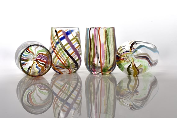 1 Rainbow Glass Hand Blown Glasses, Cane Stringer Glass Cups