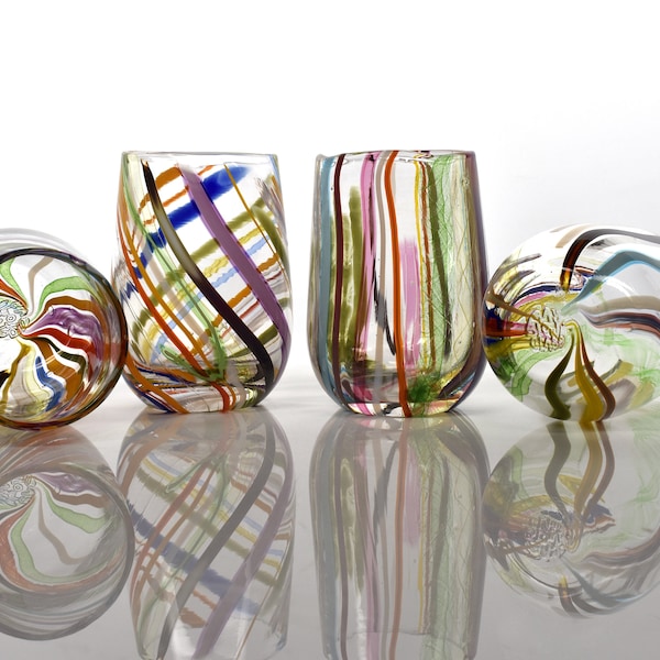 Rainbow Hand Blown Wine Glass: Colorful Cane Stringer Design