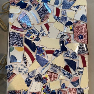 Broken China, 1.9 Pounds Vintage Mosaic Tiles from Plates/Cups/Bowls, RED, BLUE, Yellow for Jewelry, Mosaics, Crafts EXACT Tiles - Set 149