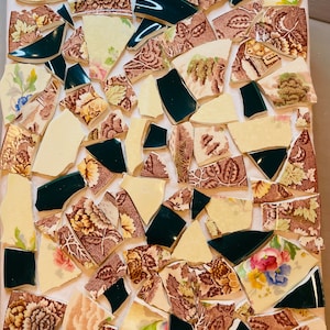 Broken China 1.5 Pounds Vintage Mosaic Tiles from Tea Cups/Plates BROWN Transfer Ware Yellow Blue Jewelry Mosaics Crafts EXACT Tiles Set 133