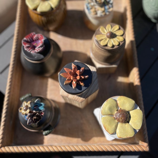STASH JARS, Handmade Flower Bud Pot, Tobacco Jar, Herb Pot, Loose Leaf Tea Canister,  Wheel Thrown and Hand Decorated Ceramic Pottery w Lid
