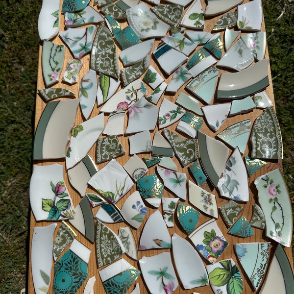 Broken China, 1.2 Pounds Vintage Porcelain Mosaic Tiles from Tea Cups/Saucers  GREENS FLORAL for Jewelry Mosaics, Crafts EXACT Tiles Set 208
