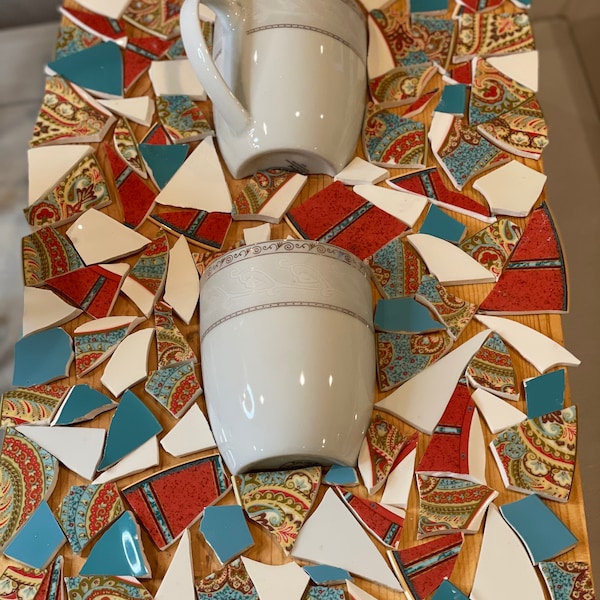 Broken China PLUS 2 Cut in Half Cups, 1.6 Pounds of Vintage Half Tea Cups/Plates RED TURQUOISE. For Mosaics and Crafts - Exact Tiles - Set B