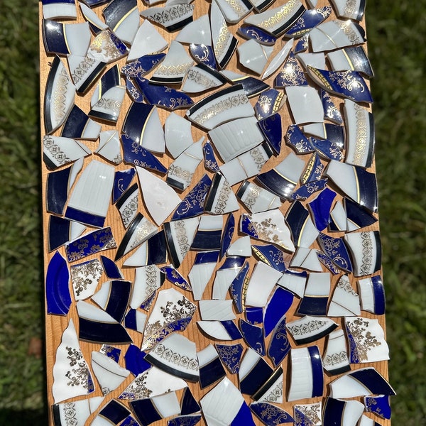 Broken China, 1.4 Pounds Vintage Porcelain Mosaic Tiles from Tea Cups/Saucers Dark BLUE GOLD for Jewelry Mosaics, Crafts EXACT Tiles Set 211