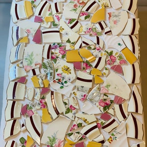 Broken China, 1.5 Pounds Vintage Mosaic Tiles from Tea Cups/Plates, PINK YELLOW Red Tiles for Jewelry Mosaics Crafts EXACT Tiles Set 132