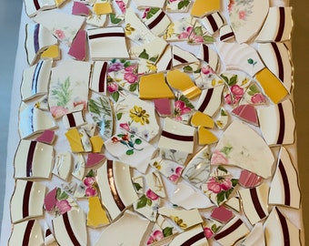 Broken China, 1.5 Pounds Vintage Mosaic Tiles from Tea Cups/Plates, PINK YELLOW Red Tiles for Jewelry Mosaics Crafts EXACT Tiles Set 132