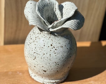 Ceramic Vase, Built-In FLOWER VASE, Vases That Are Also Flowers, Handmade Pottery, White Speckled Vase, Wheel Thrown and Flower Adorned