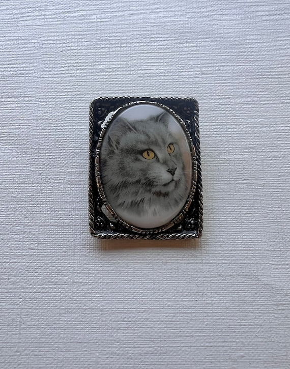 Vintage silver tone fancy cat rectangular brooch - image 1