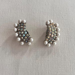 Vintage art deco aurora borealis rhinestone and faux pearls clip on earrings