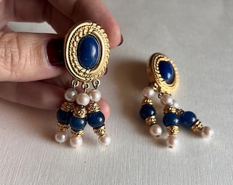 Vintage Richelieu Gold Tone Dangle Earrings: Blue Cabochon & Faux Pearl