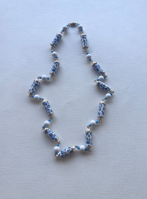 Vintage white and white and blue cylinder bead nec