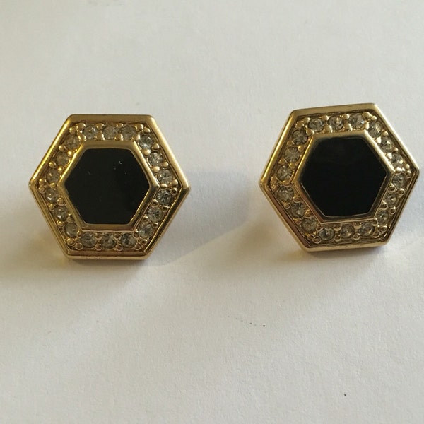 Jahrgang Napier gold Ton Sechseck schwarz Emaille und Strass Ohrringe