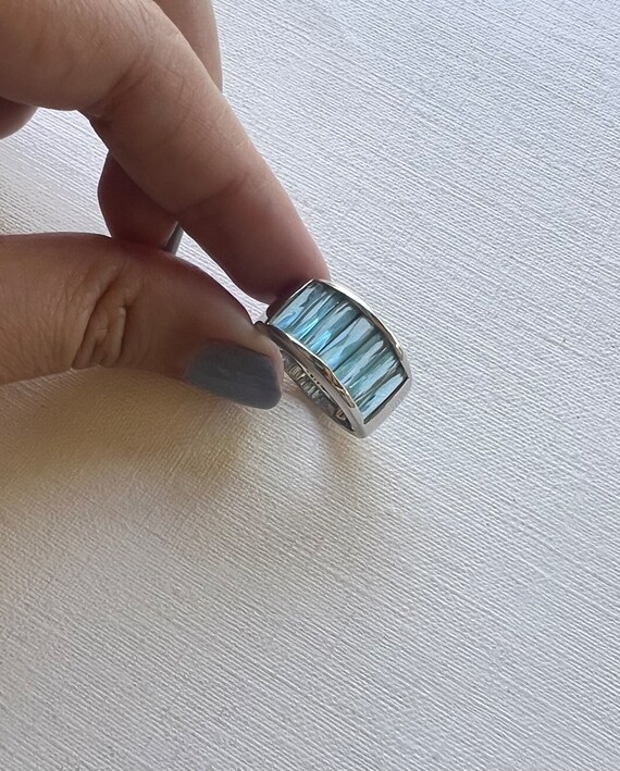 Vintage silver tone long rectangular light blue c… - image 1