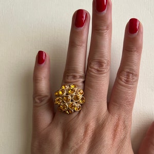 Vintage gold tone yellow rhinestone burst adjustable ring