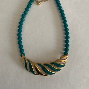 Vintage Monet Teal Bead Necklace: Gold Enamel Center, 16 inch