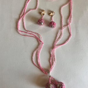 Vintag Mid-century fun bubble gum pink, cylinder and micro necklace and dangle sphere clip on earring jewelry set