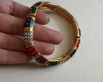Bracciale elastico vintage Joan Rivers in smalto multicolore color oro e strass