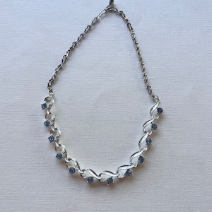 Vintage Mid-century silver tone light blue rhinestone necklace