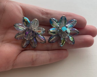 Vintage Midcentury aurora borealis chunky bead clip on earrings